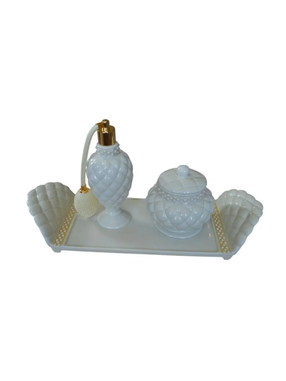 Vintage 1999 Avon Porcelain Vanity 3 Piece Gift Set Quilted Hollywood Regency